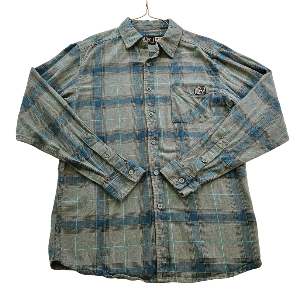 Fintech Mens Plaid‎ Flannel Long Sleeve Button Down Shirt Grey Blue Teal Size M